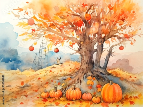 A watercolor painting of a tree with pumpkins
