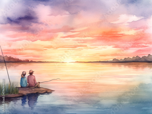 A watercolor painting of two men fishing in a boat at sunset