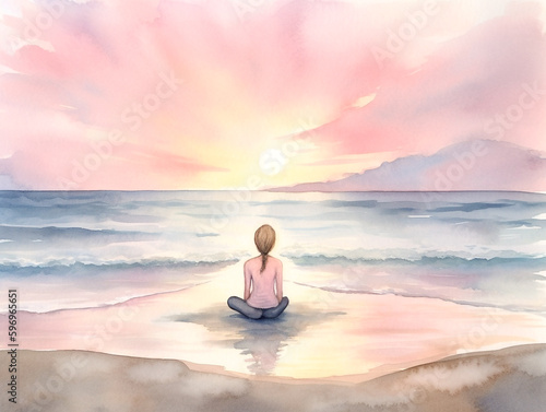 A watercolor woman sitting on the beach looking at the ocean.
