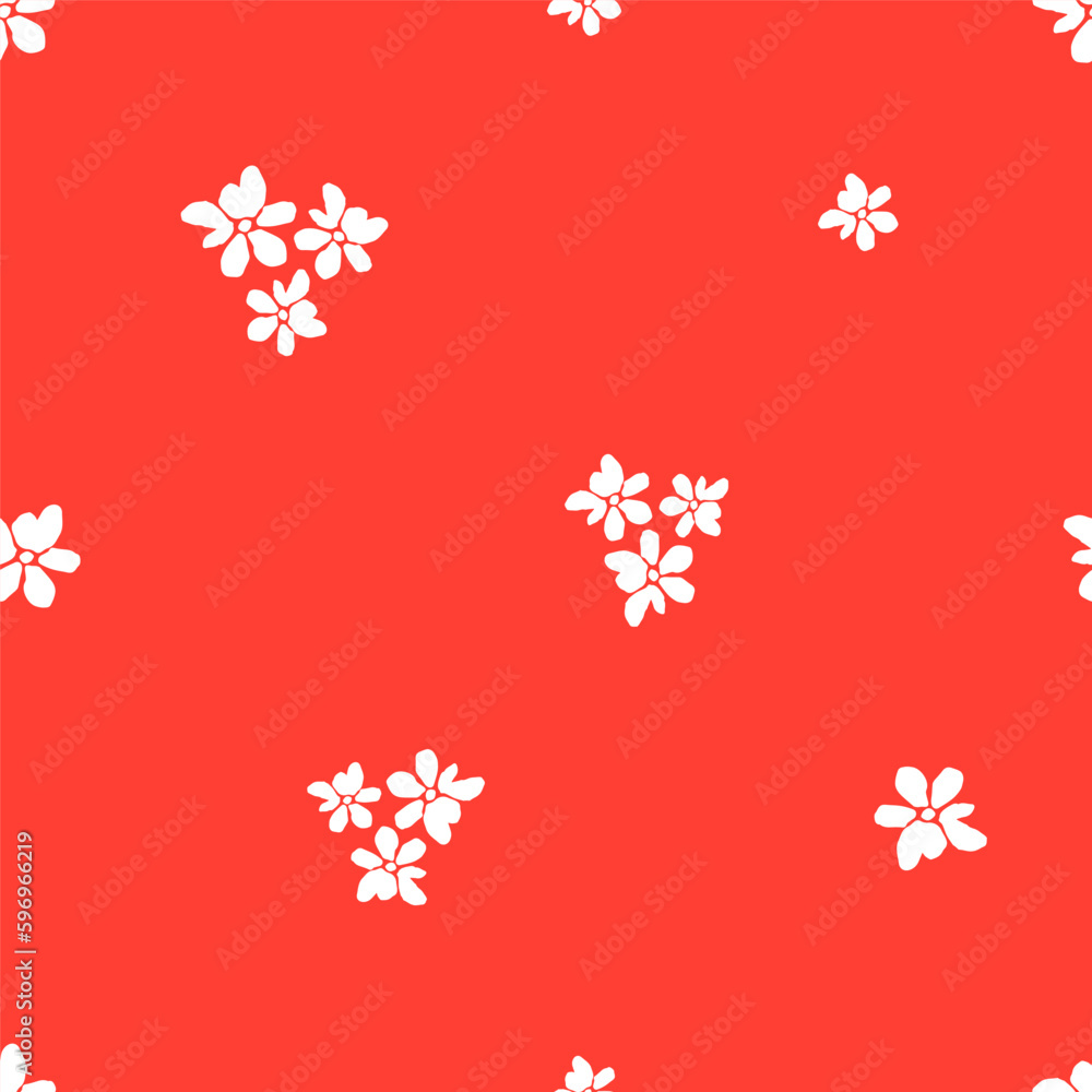 Simple floral vector seamless pattern. White small flowers on a bright red background. For printing on fabric, textiles, clothing. Simple floral vector seamless pattern. White small flowers on a bright red background. For printing on fabric, textiles, clothing.