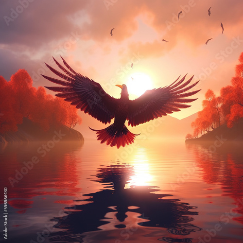 phoenix bird flying over a magical lake, transformational and inspiring
