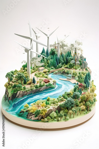 Multi-dimensional paper kirigami craft, podium paper illustration, renewable energy with green energy, Renewable energy by 2050 Carbon neutral energy