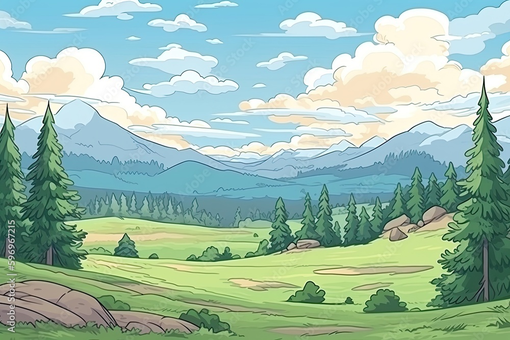 colorful cartoon mountain landscape with trees, clouds, and a river. Generative AI
