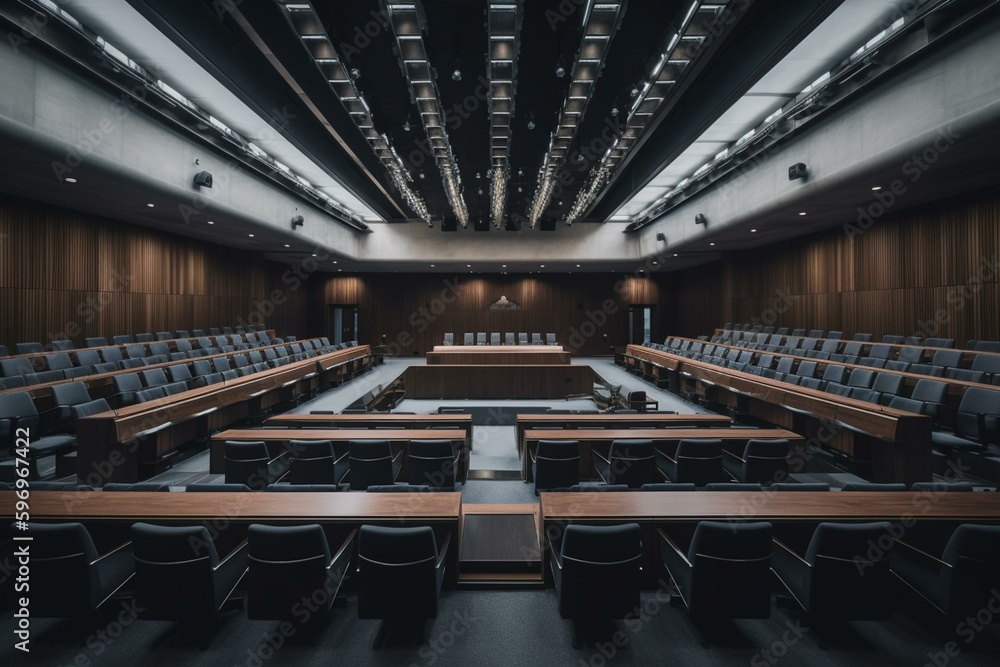 Good urban panorama, spacious conference chamber, seats fashioned with ..., assembly, trade. Generative AI