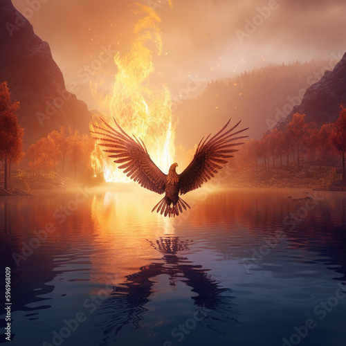phoenix bird flying over a magical lake, transformational and inspiring