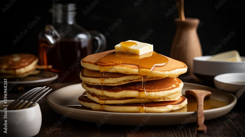 Fluffy Pancakes with Maple Syrup and Butter for a Delicious Breakfast - Generative AI Fluffy Pancakes with Maple Syrup and Butter for a Delicious Breakfast - Generative AI