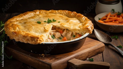 Delicious Homemade Chicken Pot Pie with Flaky Crust - Generative AI photo