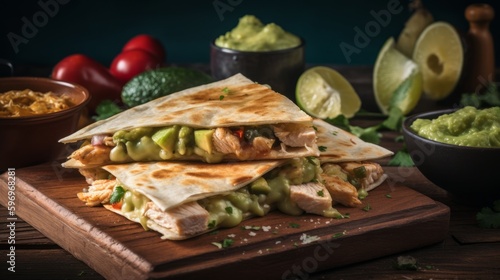 Savory Chicken Quesadilla with Melted Cheese and Guacamole - Generative AI