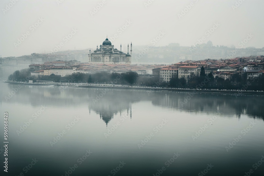 Misty Istanbul skyline over water. Generative AI