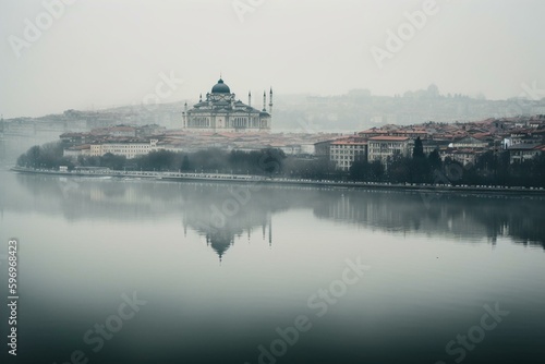 Misty Istanbul skyline over water. Generative AI