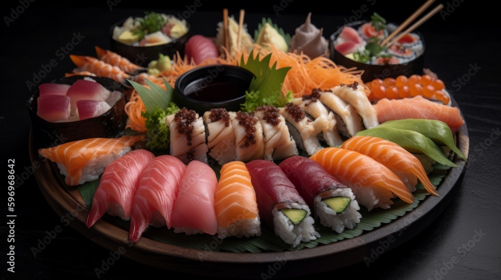 Exquisite Platter of Assorted Sushi and Sashimi - A Culinary Masterpiece | Generative AI Exquisite Platter of Assorted Sushi and Sashimi - A Culinary Masterpiece | Generative AI