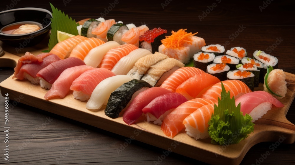 Exquisite Platter of Assorted Sushi and Sashimi - A Culinary Masterpiece | Generative AI Exquisite Platter of Assorted Sushi and Sashimi - A Culinary Masterpiece | Generative AI