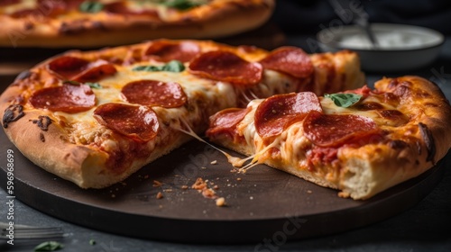 Mouth-Watering Pepperoni Pizza with Cheesy Slices and Freshly Baked Garlic Knots - Generative AI