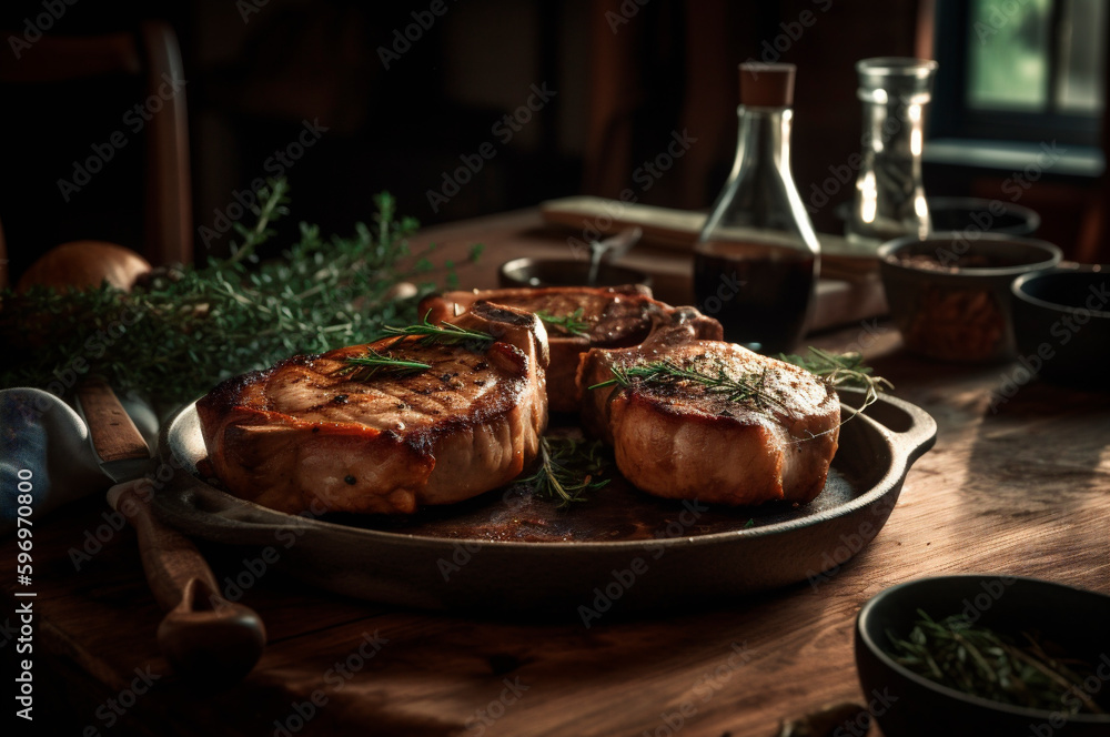 Grilled or pan roasted pork chops on the bone with garlic, rosemary and fine herbs. AI generated Grilled or pan roasted pork chops on the bone with garlic, rosemary and fine herbs. AI generated