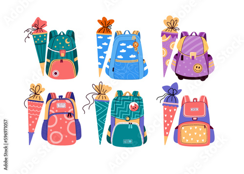 School backpack with candy cones for first grader.Vector cartoon illustration