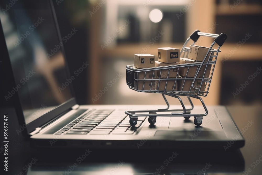 E-commerce toy cart with boxes next to laptop. Generative AI