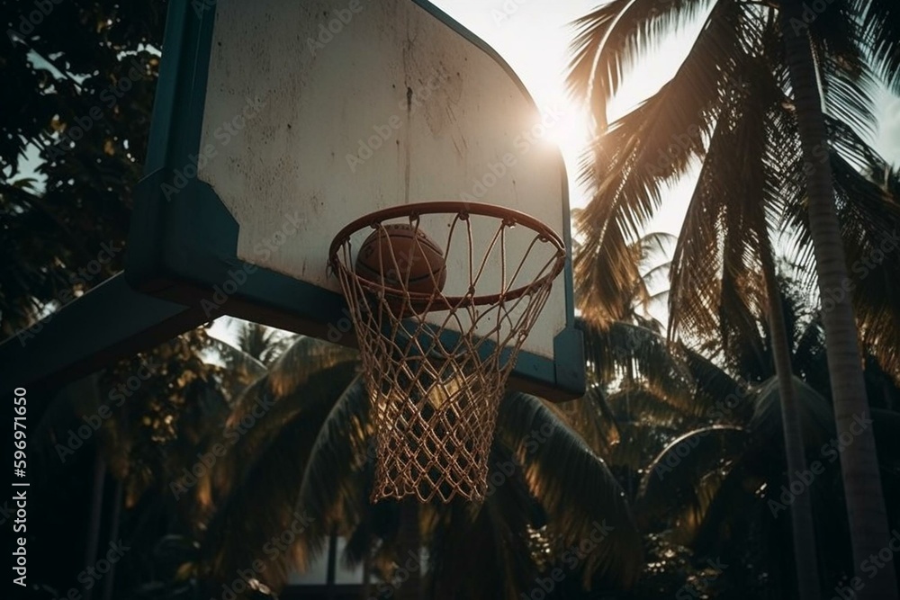 Basketball hoop surrounded by coconut palms, with focused view. Generative AI