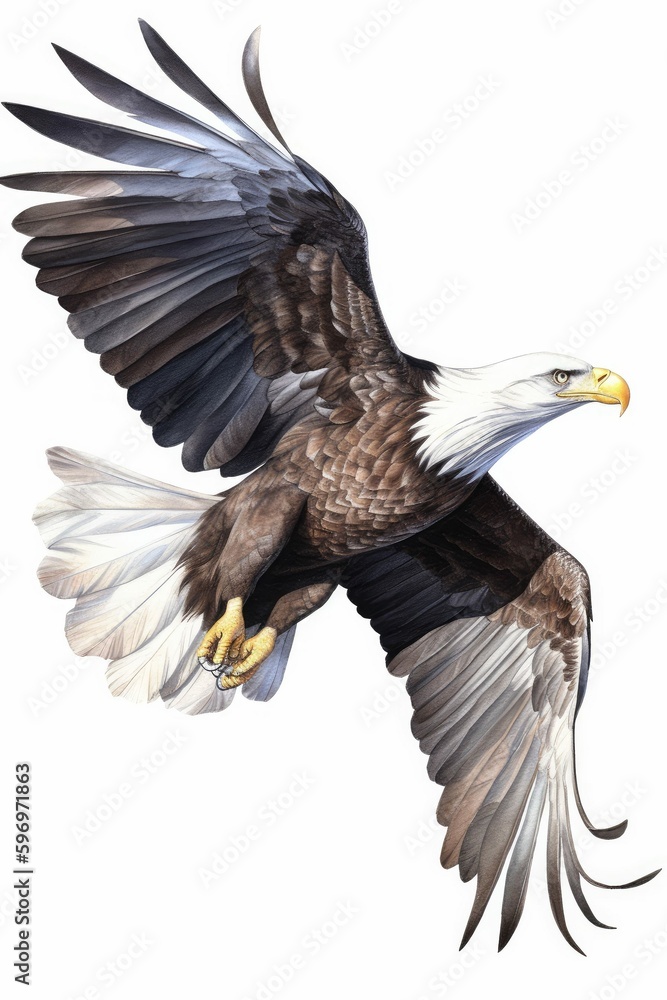 Naklejka premium Flying Bald Eagle on White Background Illustration [Generative AI]