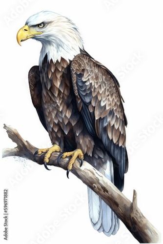 Sitting Bald Eagle Perched on Branch Watercolor-Style Illustration  Generative AI 