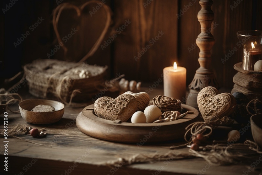 Rustic Valentine's Day vibe, featuring wooden hearts on a wooden table. Generative AI