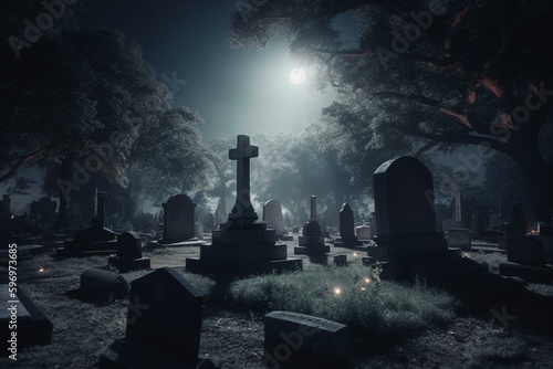Spooky graveyard under the moonlight. Dark art. Generative AI