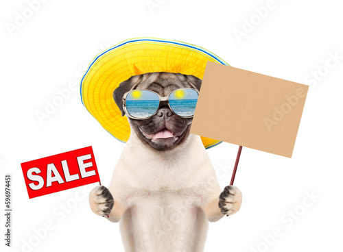 Pug puppy wearing mirrored sunglasses and summer hat showing signboard with labeled "sale" and empty placard. isolated on white background