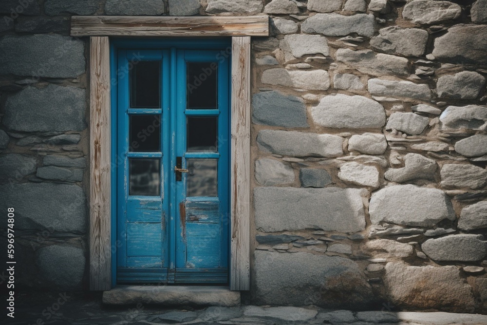 A wooden door with windows and white, blue, and stone siding. Generative AI
