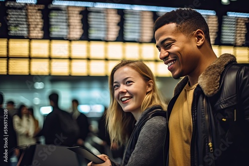 Young diverse couple at an airport getting ready to board a plane