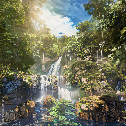 sunny day in the jungle with waterfalls and a river. plants growing in the jungle with flowing water.