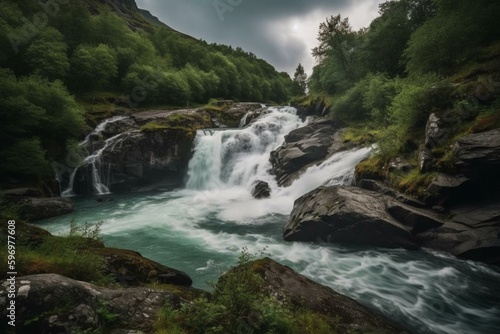 Famous waterfall in Hordaland, Norway with two streams from Lotevatnet lake. Generative AI