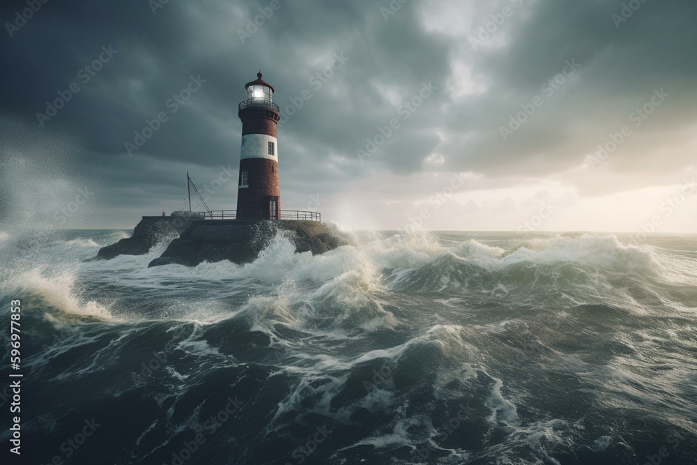 Stormy seascape featuring a lighthouse on 3d render. Generative AI