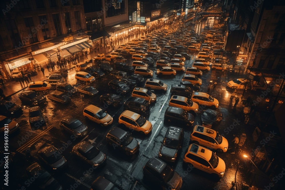 An artwork of NYC with many taxis in the dark. Generative AI