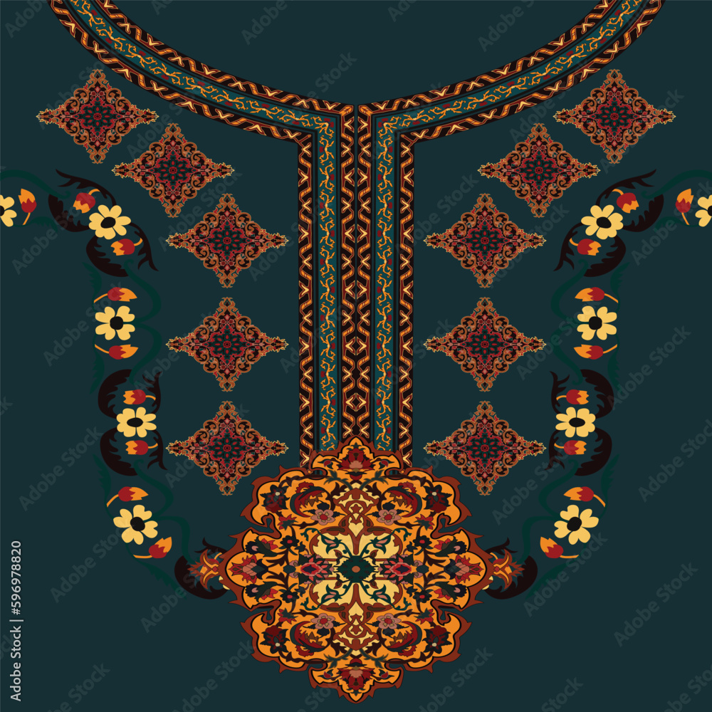 Beautiful neckline embroidery.geometric ethnic oriental pattern traditional on black background.Aztec style,abstract,vector,illustration.design for texture,fabric,clothing,fashion women wearing,print.