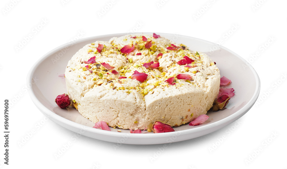 Plate of tasty Tahini halva with pistachios on white background Plate of tasty Tahini halva with pistachios on white background