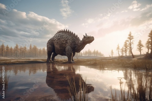 A 3D rendering of an Altirhinus dinosaur in a wetland during the early Cretaceous period in Mongolia. Generative AI © Isolde