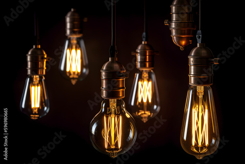Decorative antique Edison style light bulbs, set of vintage glowing light bulbs. Generative AI. 