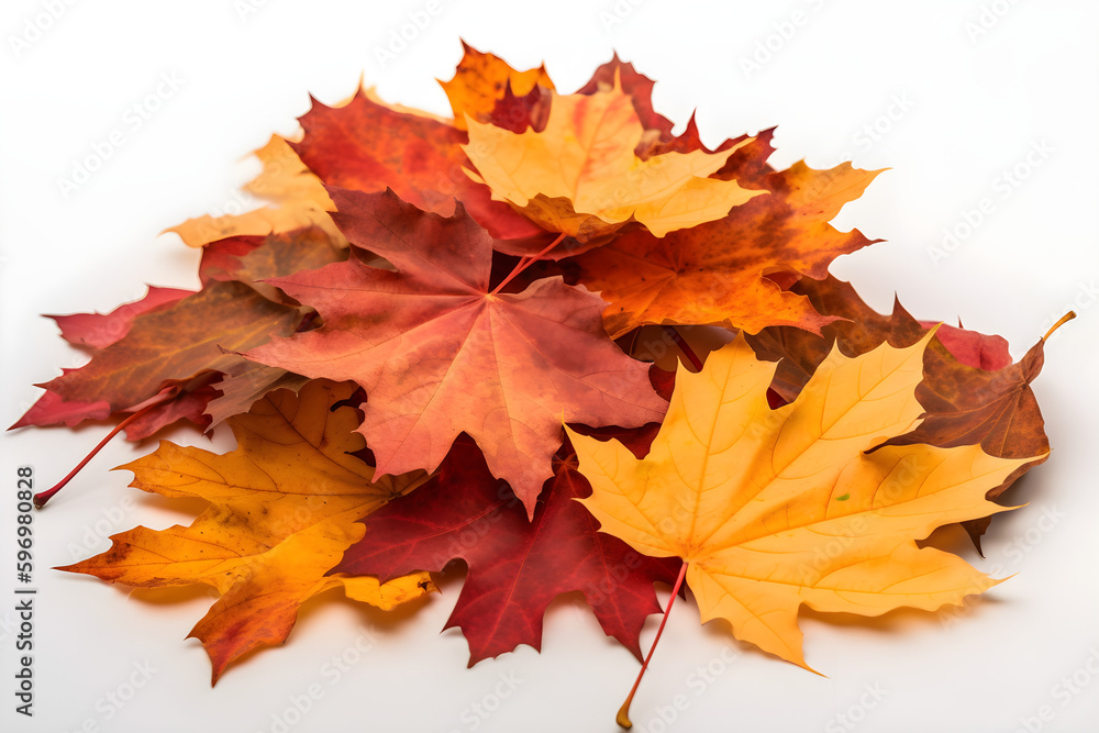 Fototapeta premium Pile of natural autumn maple leaves of yellow, orange, red, burgundy colors isolated on white background. Generative AI. 
