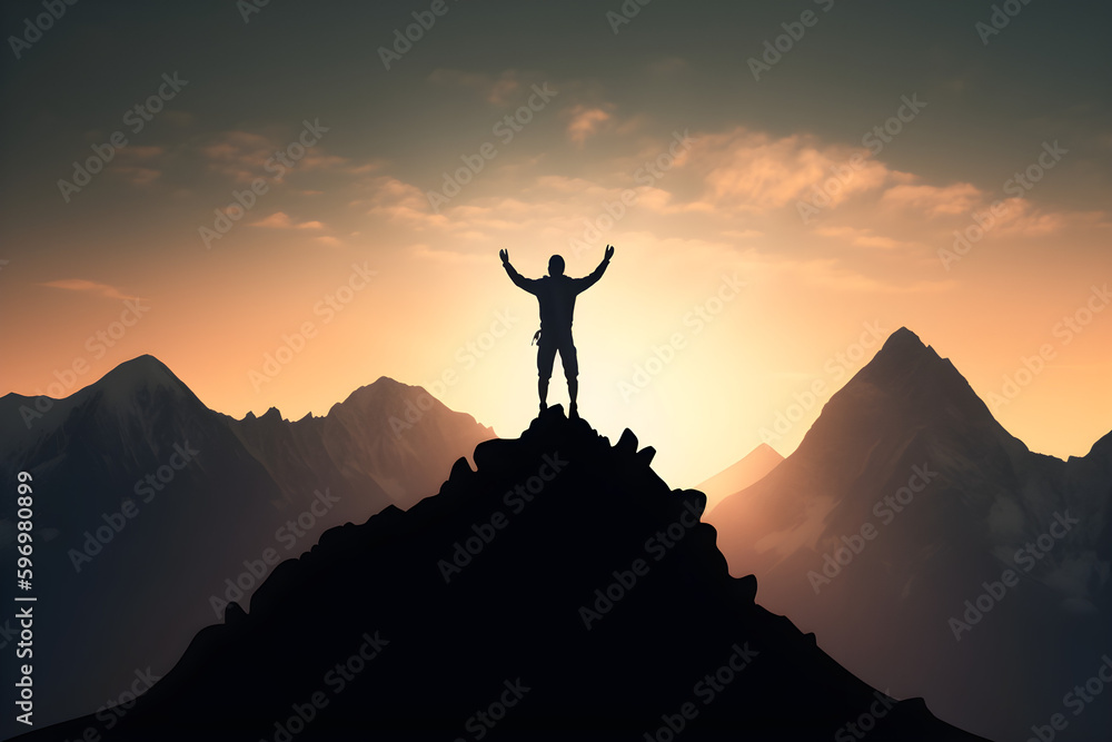 Silhouette of a triumphant individual standing a mountain peak , Leadership Concept. 
Generative AI. 