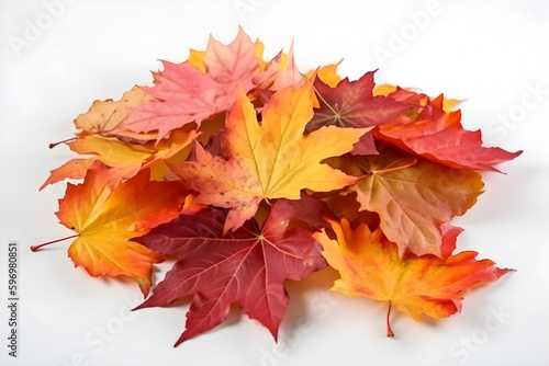 Pile of natural autumn maple leaves of yellow, orange, red, burgundy colors isolated on white background. Generative AI. 