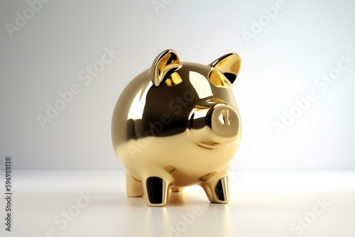 3D-rendered gold piggy bank standing alone on white background. Generative AI