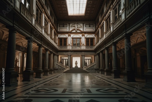 Renowned Uffizi Gallery in Florence, Italy. Generative AI © Persephone