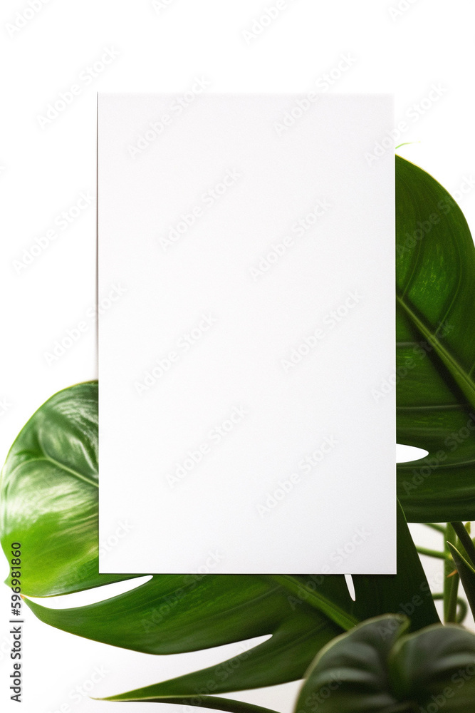 Blank white card paper on plants, generative ai
