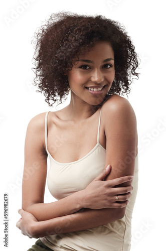 Portrait, smile and happy black woman with self love hug for body care on isolated, transparent or png background. Face, beauty and african girl model feeling skin treatment results, cosmetic or glow