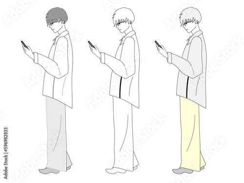 ファッションイラストセット　シャツを着てスマホを持つ男性の全身セット　ルミナスイエロー　ライトグレー　ベクターイラスト