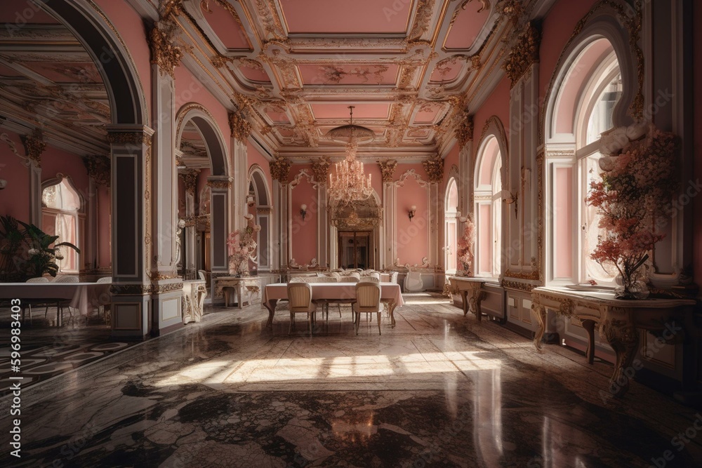 Distinctive award-winning design featuring creamy tones, soft pink accents, neon lighting, and glossy walls in an opulent Italian palace. 8k HD quality. Generative AI