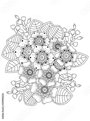 Vector illustration with flowers. Coloring page. Garden print. Monochrome line drawing. Flower, floral painting. Graphic line art