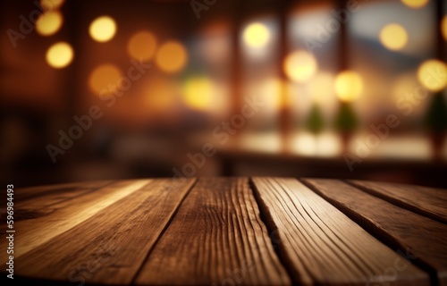 Empty wooden table with bokeh background. Generative AI