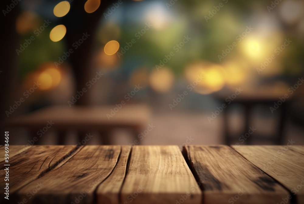 Empty wooden table with bokeh background. Generative AI