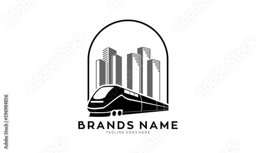 Train in the city building vector logo