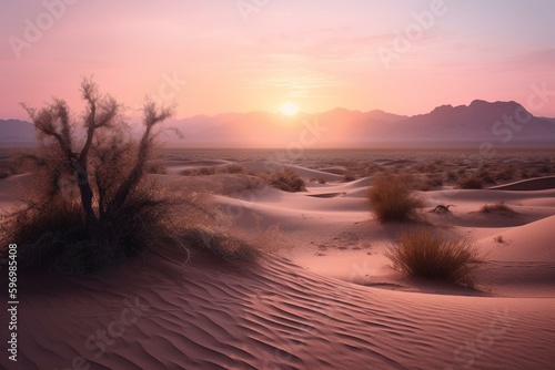 Tranquil desert scene with rolling sand dunes and pink sunrise gradient sky. Generative AI